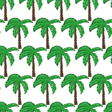 Beyaz arka planda düz tropik yeşil palmiye ağacıyla kusursuz egzotik desenler. Orman yaprakları çizimi. El çizimi vektör santrali. Yaz sembolü. 