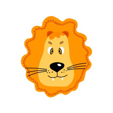 Renkli sevimli vektör aslan surat. Beyaz arka planda bir nesne. Çizgi film düz çizim. Emoji 'nin komik hayvanı. Utanmış gülümseme duygusu. Şablon simgesi. Logo, çıkartma.