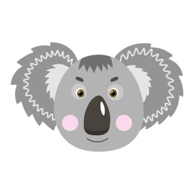 Renkli şirin vektör koala surat. Beyaz arka planda bir nesne. Çizgi film düz çizim. Emoji 'nin komik hayvanı. Utanmış gülümseme duygusu. Şablon simgesi. Logo, çıkartma.
