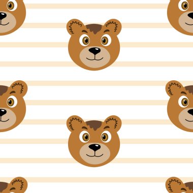Çocuklar için vektör düz hayvanlar renkli bir illüstrasyon. Beyaz çizgili arka planda sevimli ayı suratlı kusursuz bir desen. Sevimli çizgi film karakteri. Kart, poster, kumaş, tekstil tasarımı.