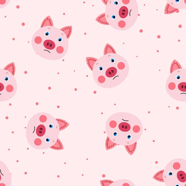 向量扁平的动物为孩子们提供五彩缤纷的图解 无缝隙图案 猪脸可爱 粉红圆点背景 可敬的卡通人物纹理 纺织品的设计 — 图库矢量图片