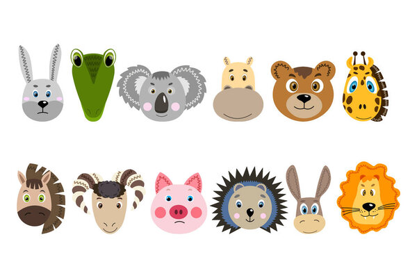 Set with colorful cute animal face. Hare, crocodile, koala, hippopotamus, bear, giraffe, horse, ram, pig, hedgehog, donkey, lion. Isolated objects. Cartoon flat illustration. Template icon, sticker. 