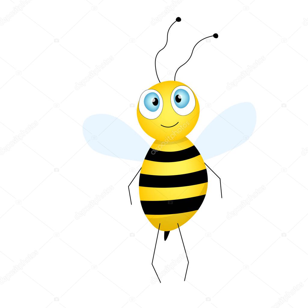 Cartoon cute bee mascot. A surprised bee flies. Small wasp. Vector character. Insect icon. Template design for invitation, cards, wallpaper, kindergarten. Doodle style. 