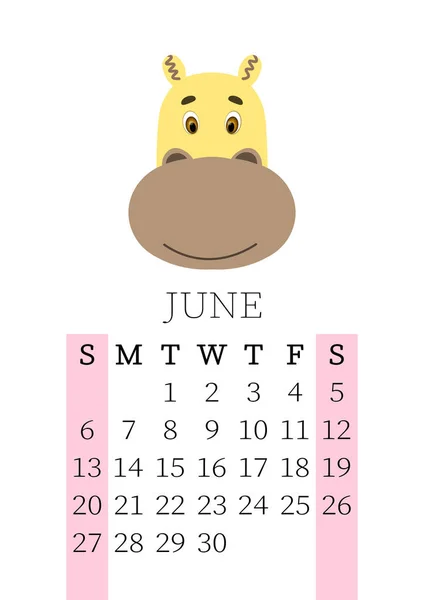 2021年カレンダー 2021年6月の月次カレンダー日曜日から土曜日 年間プランナー かわいい手描きの顔の動物とテンプレート ベクトルイラスト 子供のために素晴らしい 印刷用カレンダーページ — ストック写真