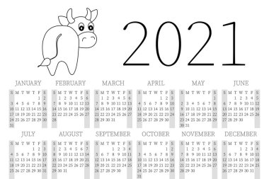 Takvim 2021. Aylık takvim 2021 Pazar 'dan Cumartesi' ye. Yıllık Planlayıcı. Şirin elle çizilmiş boğalı şablonlar. Tapılası bir karakteri olan vektör çizimi. Yazdırmak için çağrı. Şirin inek. Sembol 2021.