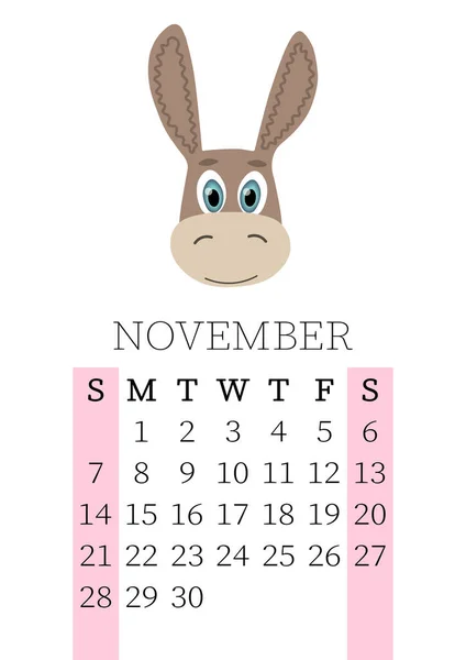 2021年カレンダー 2021年11月の月次カレンダー日曜日から土曜日 年間プランナー かわいい手描きの顔の動物とテンプレート ベクトルイラスト 子供のために素晴らしい 印刷用カレンダーページ — ストックベクタ