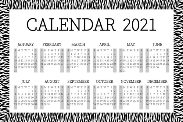 Календарь 2021 Планировщик Границей Прошла Неделя Макет Месяцев Белый Черный — стоковый вектор