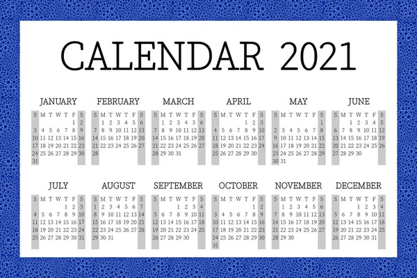2021年日历 蓝色边界的规划者 有一个星期了 模板布局 每年12个月 白色和黑色背景 简单的商业设计 周从星期日开始 — 图库矢量图片