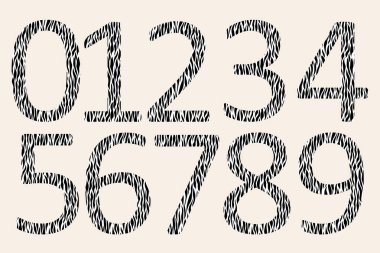 Dekoratif siyah beyaz sayılar ve hayvan süsü. Zebra derisi. Dokulu kıvrımlı çizgiler iz bırakarak etki eder. Tasarımın için moda harfleri seti. Vektör izole yazı tipi.