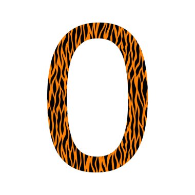 Süslü siyah ve turuncu 0 numaralı hayvan süsüyle. Kaplan derisi. Kıvrımlı çizgi etkisi. Tek bir numara. Kart, poster ve afiş için şablon tasarımı. Vektör moda yazıtipi. 