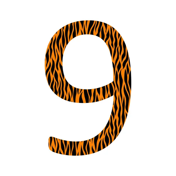 装饰黑色和9号橙子与动物装饰 虎皮纹理曲线的效果 一个孤立的数字 横幅模板设计 矢量时尚字体 — 图库矢量图片
