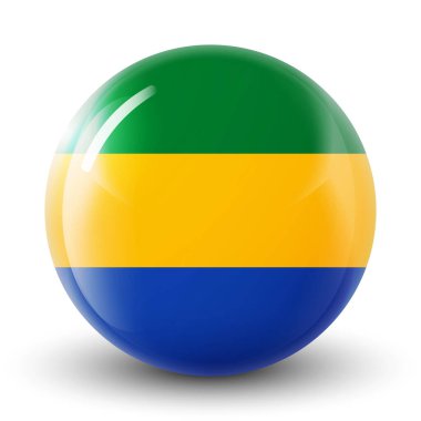 Gabon bayraklı cam top. Yuvarlak küre, şablon simgesi. Ulusal sembol. Parlak gerçekçi top, beyaz arkaplanda işaretlenmiş üç boyutlu soyut vektör çizimi. Büyük kabarcık. 