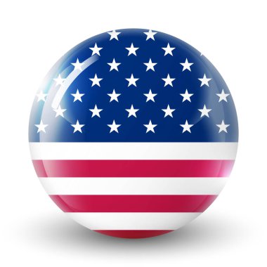 Amerikan bayrağı taşıyan cam ışıklı top. Yuvarlak küre, şablon simgesi. Amerikan ulusal sembolü. Parlak gerçekçi top, beyaz arkaplanda işaretlenmiş üç boyutlu soyut vektör çizimi. Büyük kabarcık. 