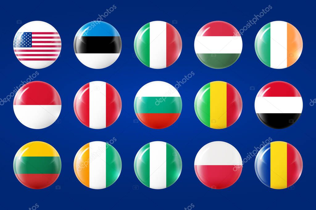 World circular flags collection. Glass light ball with flag. Round sphere, template icon. National symbols set. Glossy realistic ball, 3D abstract vector illustration highlighted on blue background.