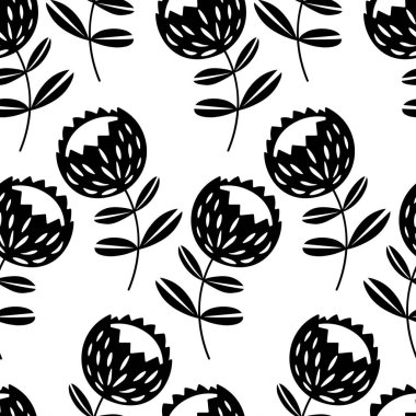 Geleneksel halk sanatları süslerine dayanan kusursuz çiçek desenleri. Beyaz arka planda siyah çiçekler. İskandinav tarzı. İsveç İskandinav tarzı. Kumaş, tekstil, duvar kağıdı için vektör illüstrasyonu. 