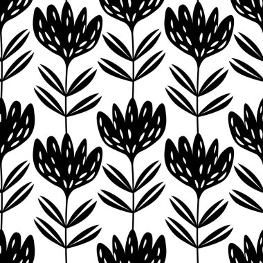 Geleneksel halk sanatları süslerine dayanan kusursuz çiçek desenleri. Beyaz arka planda siyah çiçekler. İskandinav tarzı. İsveç İskandinav tarzı. Kumaş, tekstil, duvar kağıdı için vektör illüstrasyonu. 