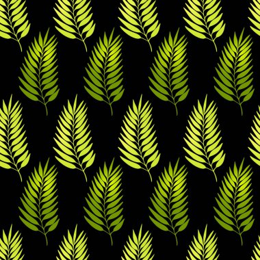 Siyah arka planda renkli egzotik yaprakları olan dikişsiz çiçek deseni. Tropik yeşil dallar. Duvar kağıdı, poster, kart, kumaş ve tekstil için moda vektör stoku çizimi.