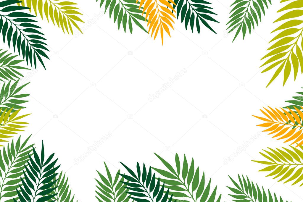 Floral frame with colorful exotic branches on white background. Ornate border with tropic leaves. Vector stock illustration for wallpaper, posters, card.  Doodle style. Copy space.
