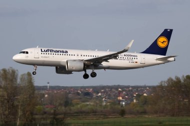 Lufthansa Airbus A320 NEO D-AINC passenger plane arrival and landing at Budapest Airport clipart