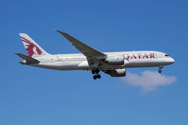 Qatar Airways Boeing 787-8 A7-BCG passenger plane arrival and landing at Istanbul Ataturk Airport