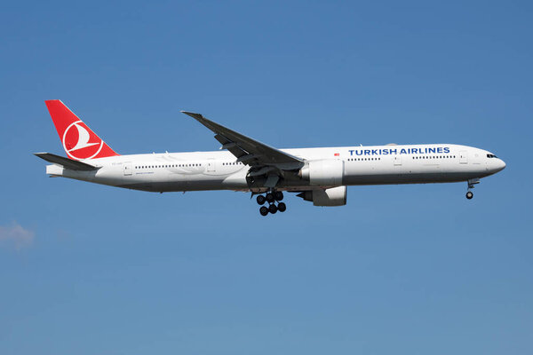 Istanbul / Turkey - March 28, 2019: Turkish Airlines Boeing 777-300ER TC-JJU passenger plane landing at Istanbul Ataturk Airport