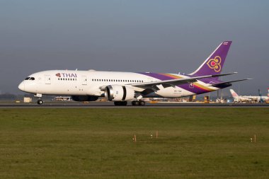 Vienna / Austria - April 18, 2019: Thai Airways Boeing 787-8 Dreamliner HS-TQA passenger plane arrival and landing at Vienna International Airport