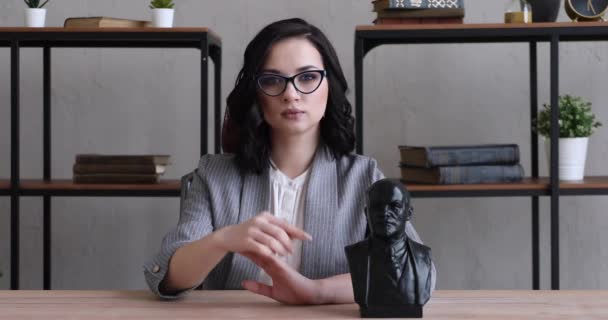 Girl Suit Glasses Sits Large Office Desk Work — Stock Video