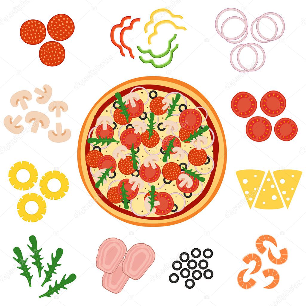 Pizza and ingredients for pizza, vector illustration