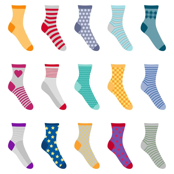 Conjunto de meias coloridas com diferentes padrões, ilustração vetorial —  Vetores de Stock