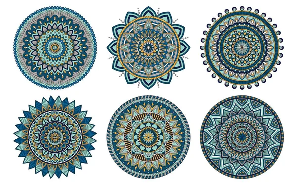 Lot de 6 mandalas peints dans la même palette — Image vectorielle