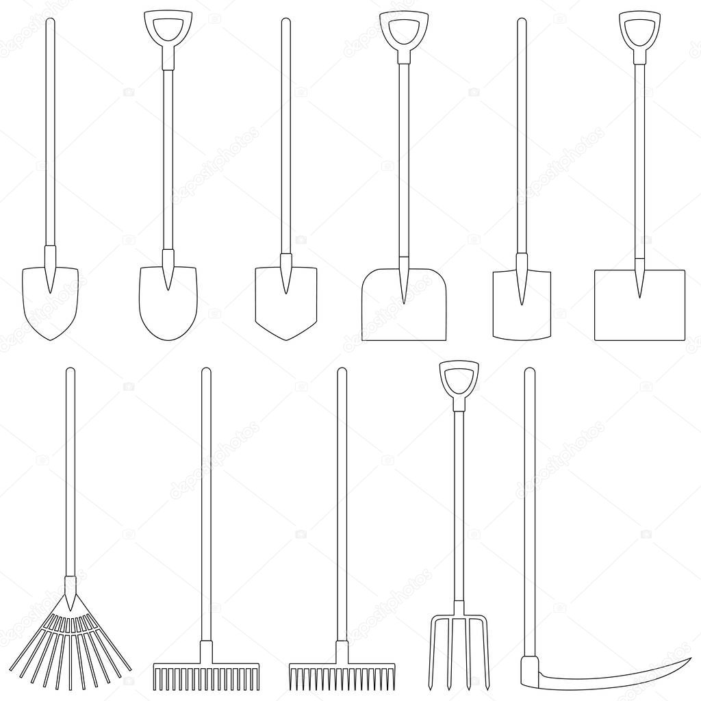 Set of contours of garden tools, vector illustration