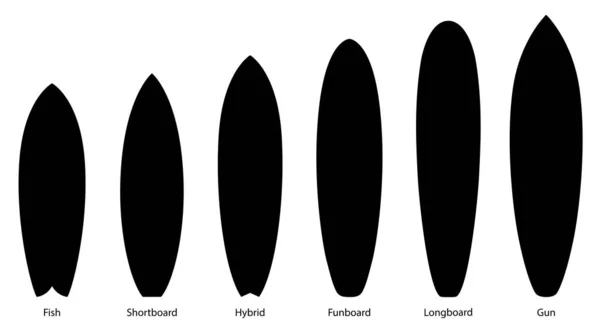 Set med svarta silhuetter av surfingbrädor, vektor illustration — Stock vektor