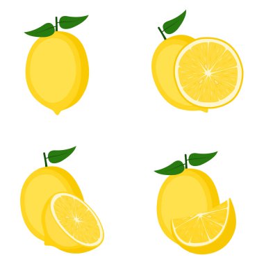 Limon, tam meyve, yarım dilim, vektör illüstrasyonu