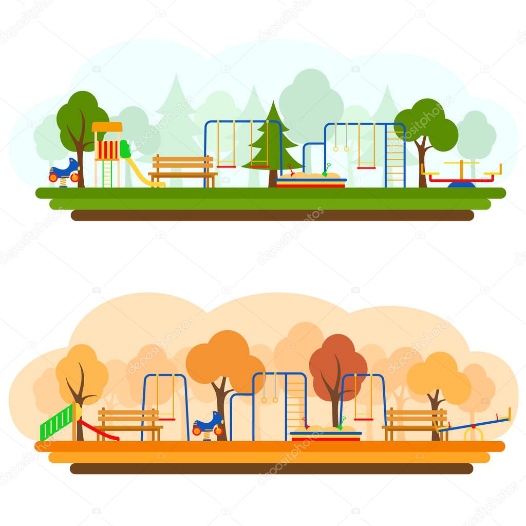 Kids playground with playing equipment in summer and autumn, vector illustration. Flat style