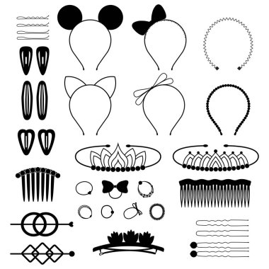Set of black icons of hair accessories, vector illustration clipart