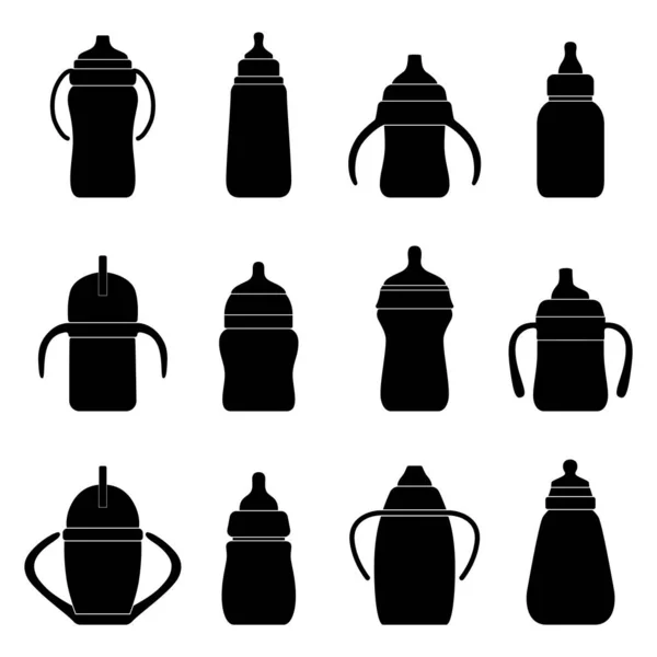 ミルクと水のためのベビーボトルの黒いシルエットのセット ベクトルイラスト — ストックベクタ