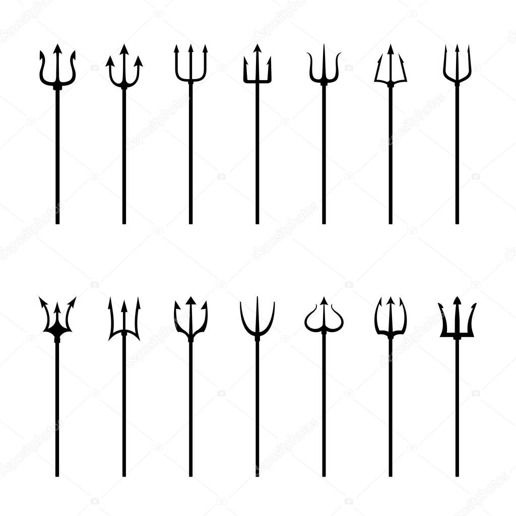 Set of black silhouettes of tridents, vector illustration