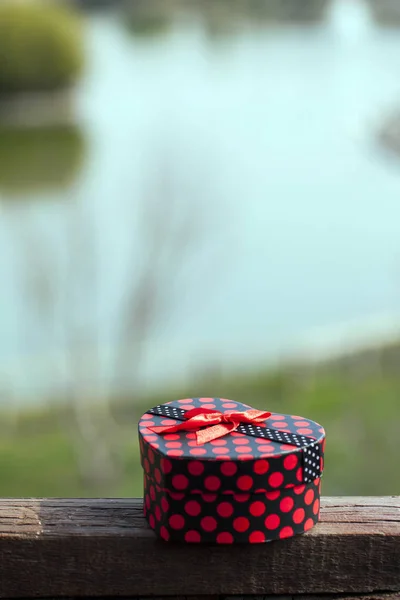 Hart vorm van de doos van de Gift op houten stam — Stockfoto