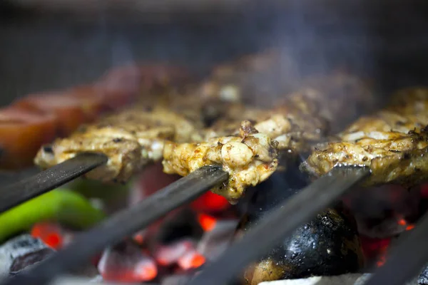 Churrasco de frango no fogo de carvão — Fotografia de Stock