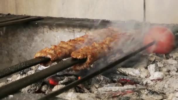 Shish Kebap Nourriture turque traditionnelle sur le feu de barbecue — Video