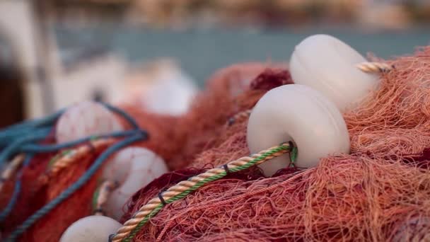 Рибальська лінія Деталь рибальських мереж — стокове відео