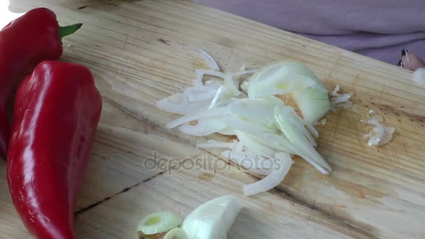 Picar verduras de cebolla para la alimentación — Vídeo de stock