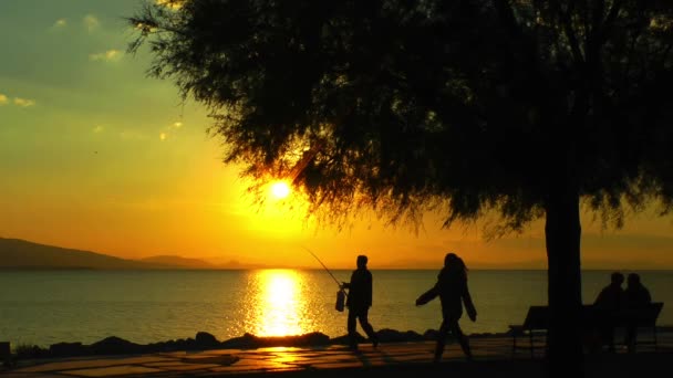 Silueta de la gente cerca del mar en la puesta del sol — Vídeos de Stock