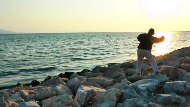 Homem Atirando Pedras Para Mar — Vídeo de Stock