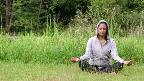 Young Girl Meditate Nature Grass — Stock Video