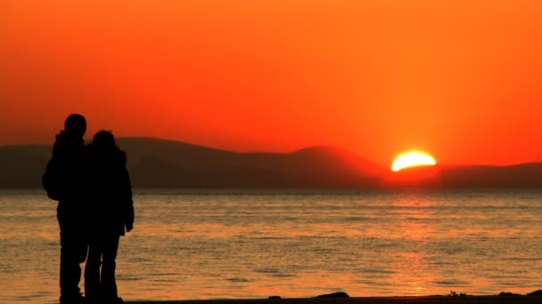 Menschen Silhouette Und Sonnenuntergang Und Meer — Stockvideo