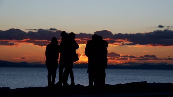 Άνθρωποι Silhouette Κοντά Στη Θάλασσα Στο Ηλιοβασίλεμα — Αρχείο Βίντεο