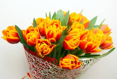 Bir buket turuncu kırmızı lale