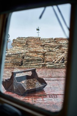Husum / İsveç - 7.05.2019: Husum limanında kereste kargosunun boşaltılması. Kıyı vinciyle kamyona kereste yüklüyorum. Bulanık. 