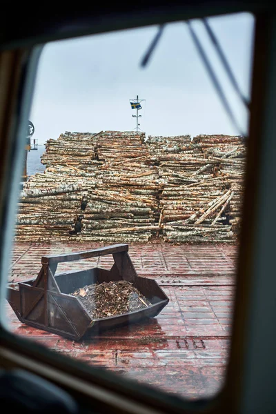 Husum Sweden 2019 Discharging Timber Cargo Port Husum Loading Timber — Stock Photo, Image
